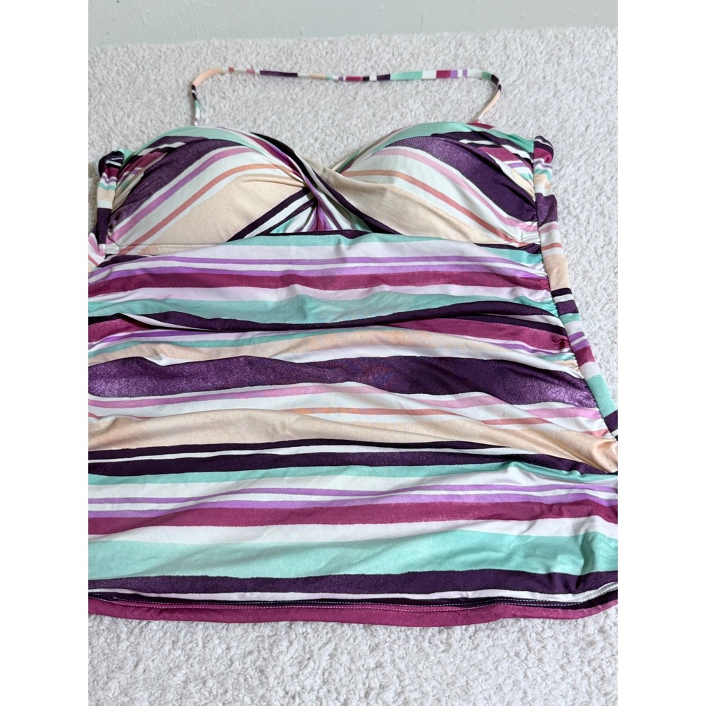 Liz Claiborne Striped Tankini Top Purple Teal Ruched Twist Front Size 14